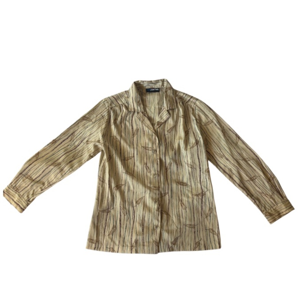 Women’s Vintage Pant-Her Beige Feather Button Down Long Sleeve Blouse Size Small